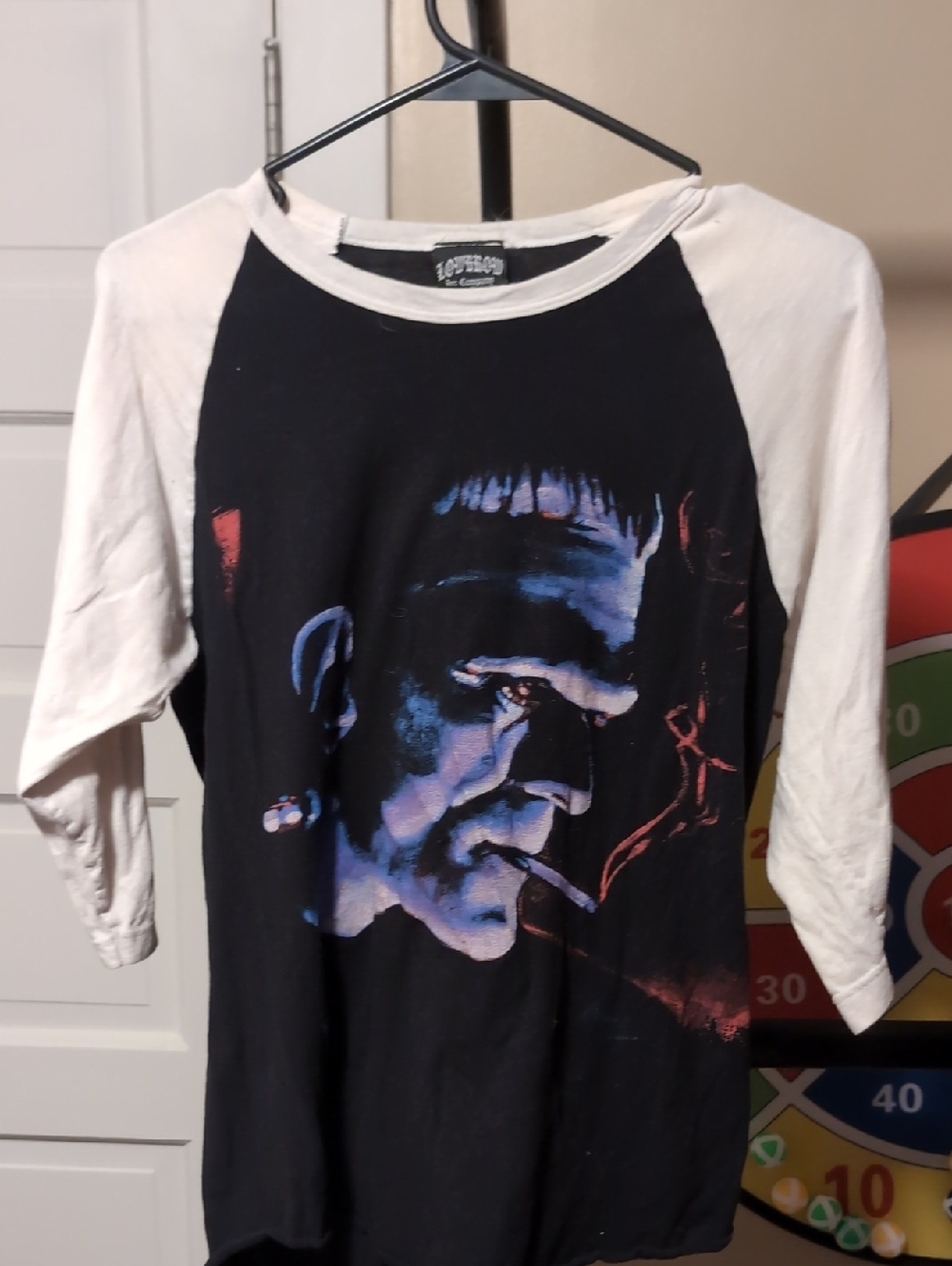 Men's Black & White Raglan Graphic Tee with Blue Face Illustration